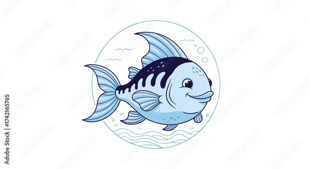 Fototapeta premium A happy cartoon fish swims gracefully through the ocean waters.