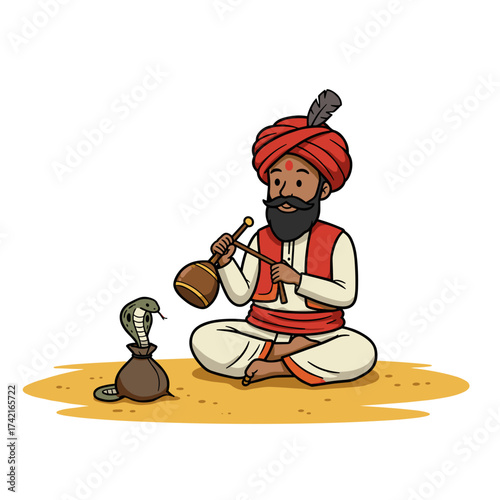 Snake charmer playing the punji for cobras in cartoon style
