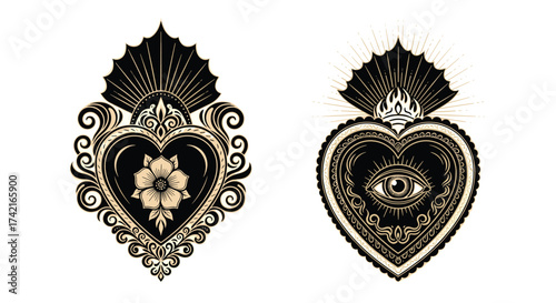 Sacred heart designs with floral and all seeing eye motifs for spiritual art and religious symbolism.