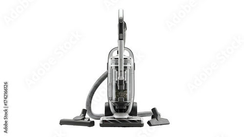 Upright vacuum cleaner with attachments on a black background