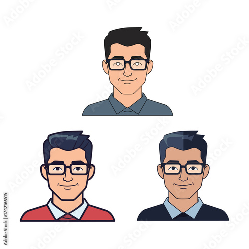 Set of three diverse cartoon men portraits with glasses and different outfits
