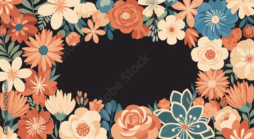 A beautiful arrangement of colorful flowers framing a dark space for text.