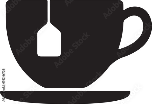 Simple black silhouette of a teacup with tea bag and saucer