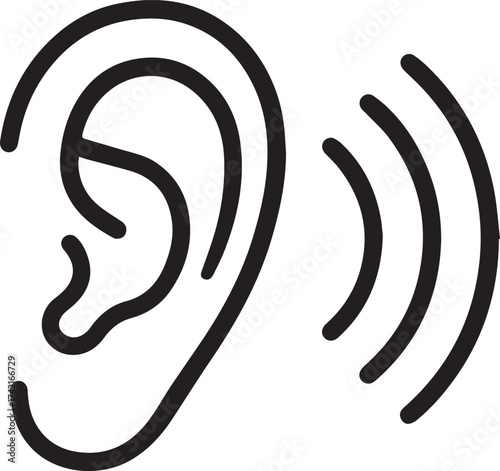 Simple line art icon of a human ear with sound waves isolated on white background