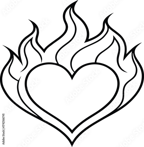 A vibrant red and black tribal illustration of a heart burning with fire and flame is a perfect valentine tattoo design