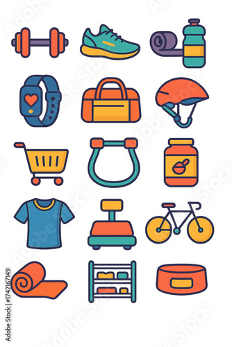 Sports and Fitness Store Dumbbell, running shoes, yoga mat, water bottle, fitness tracker, sports bag, resistance band, helmet icon, shopping cart,