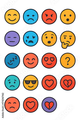 Emotions and Expressions Happy face, sad face, angry face, surprised face, neutral face, crying face, laughing emoji, thinking face, sleeping icon,