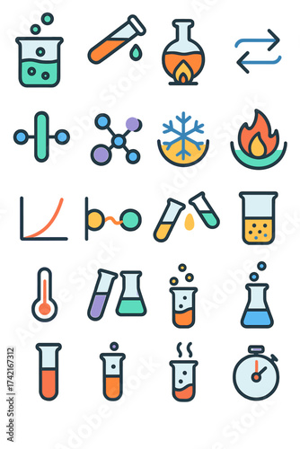 Chemical Reactions Beaker with bubbles, test tube pouring, flame under flask, reaction arrows, catalyst icon, molecule split, endothermic symbol,