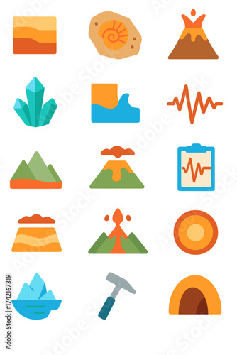Geology and Earth Science Rock layer, fossil icon, volcano cone, tectonic plates, mineral crystal, erosion symbol, earthquake wave, seismograph,