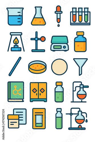 Laboratory Equipment Beaker, Erlenmeyer flask, pipette, test tube rack, burner stand, clamp holder, lab scale, reagent bottle, stirring rod, petri