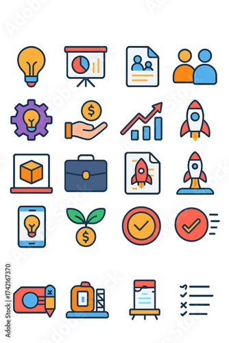 Startup Toolkit Lightbulb idea, pitch deck, business plan, co-founder icon, innovation gear, funding hand, growth chart, rocket icon, prototype