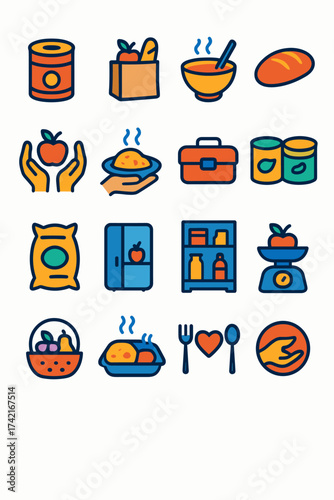 Food Bank and Hunger Relief Food can, grocery bag, soup bowl, loaf of bread, hands holding apple, meal donation, lunchbox icon, canned goods, rice