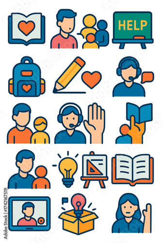 Education and Mentorship Book with heart, tutor icon, group reading, chalkboard help, backpack donation, pencil and heart, learning support, raised