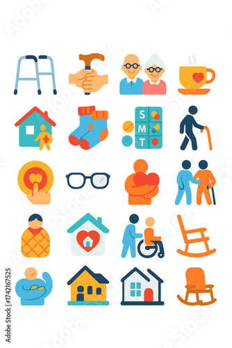 Elderly Care and Support Walker icon, hands holding cane, senior couple, tea and heart, home visit, warm socks, pill organizer, mobility aid, care