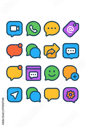 Online Communication Video call bubble, audio call bubble, comment bubble, mention tag, live chat icon, social chat bubble, reply chain, chat app