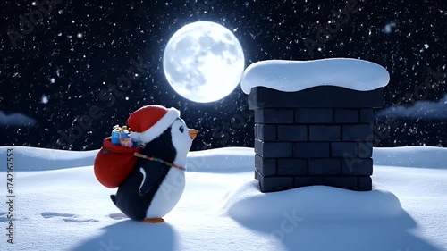 A cute animated penguin wearing a Santa hat and carrying gifts walks through a snowy night landscape towards a chimney under a full moon.