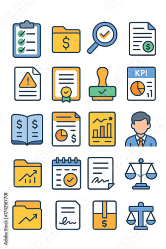 Business audit and compliance Audit checklist, financial folder, magnifying glass, tax document, risk warning, compliance certificate, approval stamp