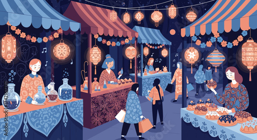 A vibrant night market filled with glowing lanterns and diverse stalls.