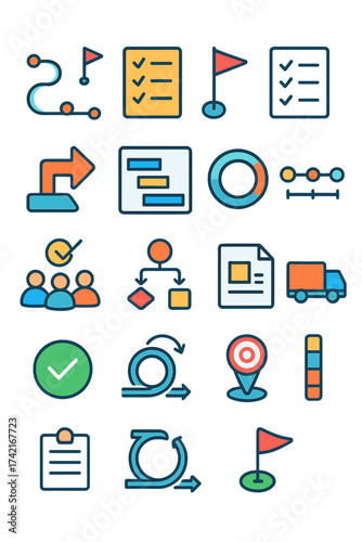 Project execution and control Project roadmap, task list, milestone flag, checklist page, action step, Gantt chart, progress circle, timeline icon,