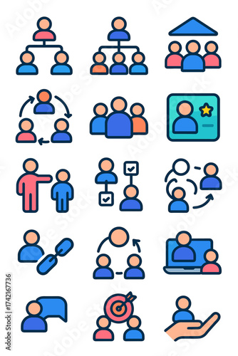 Workforce collaboration and roles Team structure, org chart, department icon, role card, collaboration circle, staff group, manager tag, peer review,