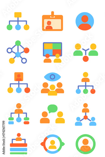 Team structure Org chart, department tag, team branch, role icon, staff network, collaboration board, communication line, cross-functional icon, team
