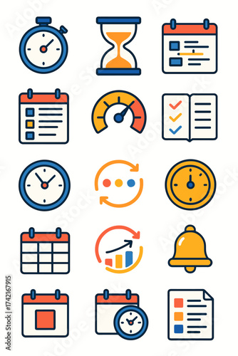 Time and productivity Time tracker, hourglass icon, calendar grid, project timeline, schedule planner, productivity meter, daily log, deadline