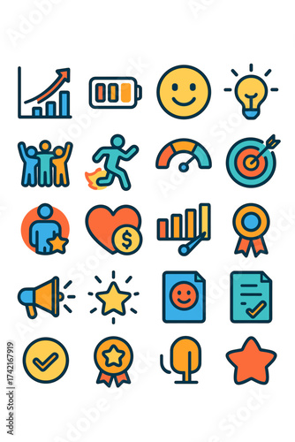 Motivation and engagement Motivation chart, energy bar, happy face icon, inspiration bulb, team celebration, personal drive, morale meter, goal