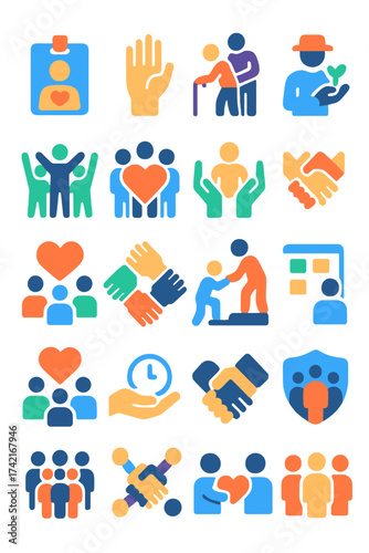 Volunteer support Volunteer badge, raised hand, helping elderly, community work, teamwork icon, group care, event volunteer, support arm, crowd heart