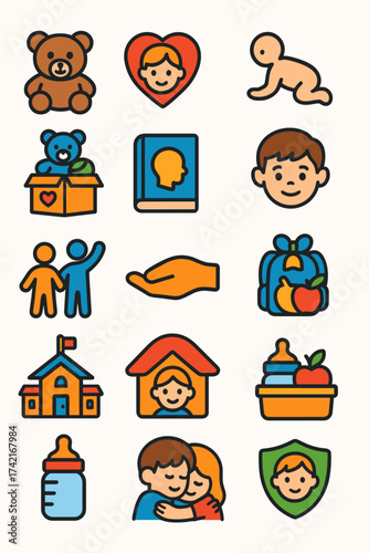 Children and youth support Teddy bear, kid heart, baby icon, school bag, toy donation, learning book, care hand, child face, youth program, child