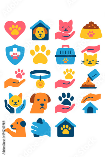 Animal charity Paw in heart, dog shelter, cat rescue, pet food, vet icon, paw print, pet carrier, love animal, rescue hand, collar tag, animal care,