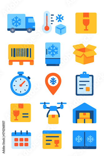 Cold Chain Delivery refrigerated truck, thermometer, ice icon, fragile box, barcode, pallet, freezer unit, open package, stopwatch, warehouse,