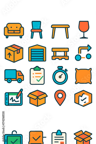 Furniture Delivery sofa, chair, table, fragile symbol, box, warehouse door, pallet, barcode, route arrow, delivery truck, clipboard, stopwatch,