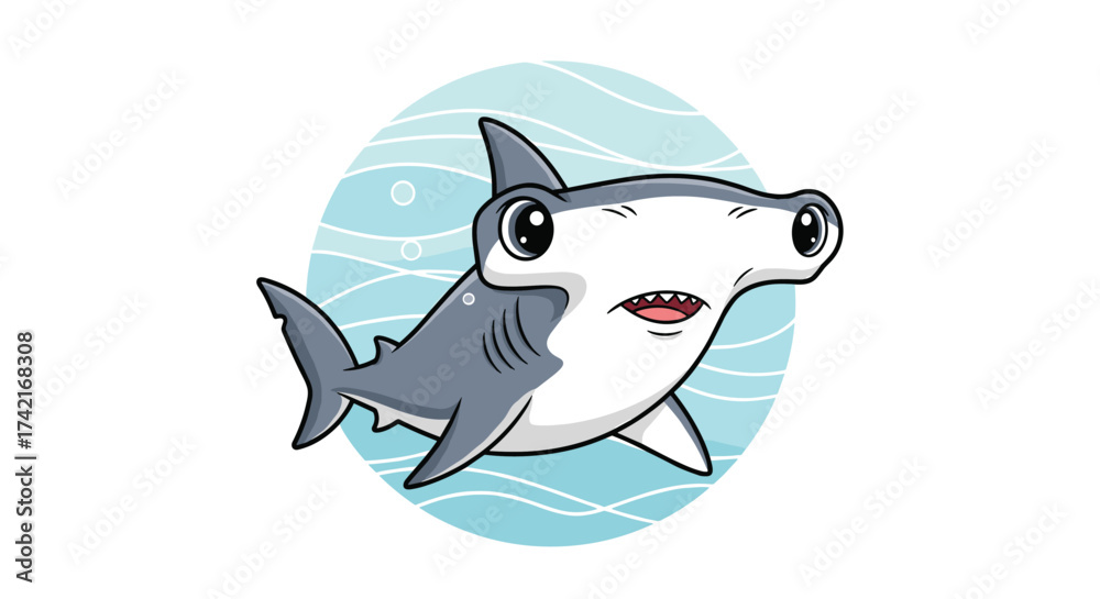 Fototapeta premium A cute hammerhead shark swims in the ocean with a friendly smile