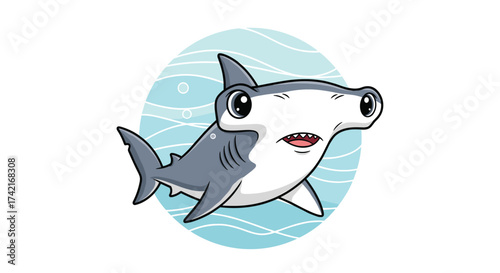 A cute hammerhead shark swims in the ocean with a friendly smile