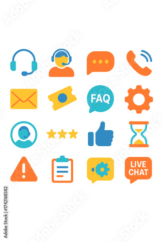 Customer Support headset, agent icon, chat bubble, phone call, email icon, support ticket, FAQ symbol, gear icon, feedback icon, help center, rating