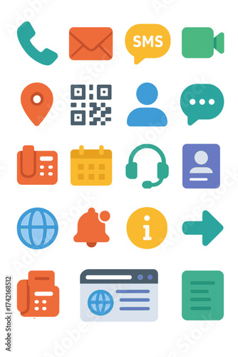 Direct Contact phone handset, email envelope, SMS icon, video call, address pin, QR code, user profile, chat bubble, fax machine, calendar icon,