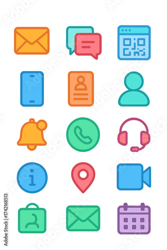 Online Contact email icon, chat bubble, website browser, QR code, smartphone, contact form, speech icon, user profile, notification bell, call log,