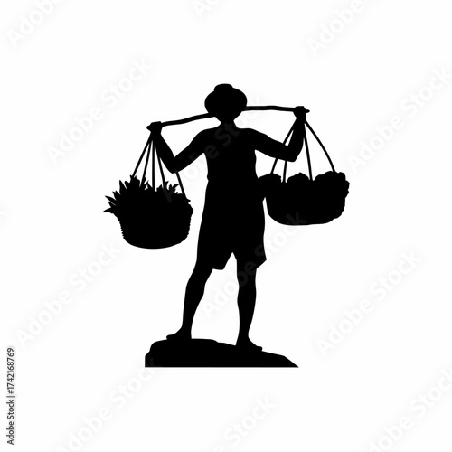 Silhouette of a farmer carrying baskets of vegetables on shoulders isolated on white background
