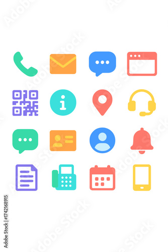 Minimalist Contact phone handset, email envelope, chat bubble, website browser, QR code, info circle, address pin, headset, speech bubble, business