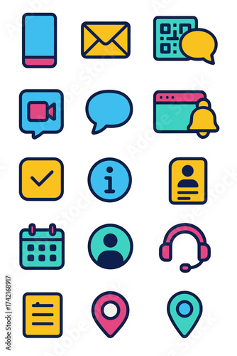 Digital Contact smartphone, email icon, QR code, chat bubble, video call, speech bubble, website browser, notification bell, mobile app, info circle,