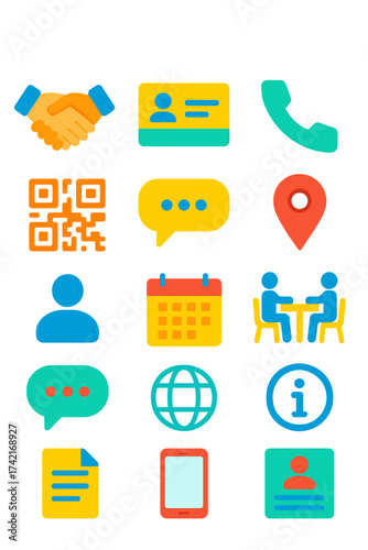 Professional Networking handshake icon, business card, email icon, phone handset, QR code, chat bubble, address pin, meeting icon, user profile,