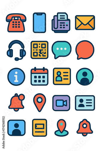 Communication Devices desk phone, smartphone, fax machine, email icon, headset, QR code, chat bubble, speech bubble, info circle, calendar, contact