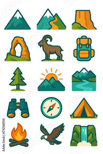 Mountain Landscape mountain peak, snowcap, hiking trail, cliff, rock formation, goat, backpack, river, alpine tree, sunrise, compass, tent,