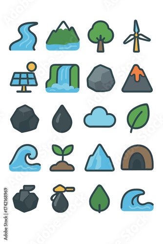 Natural Resources river, mountain, tree, windmill, solar panel, waterfall, rock, volcano, coal, oil drop, cloud, leaf, ocean wave, plant sprout,