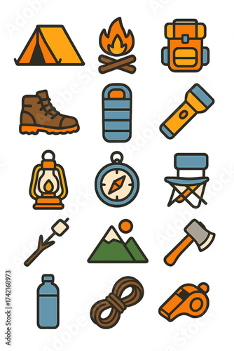 Camping Outdoors tent, campfire, backpack, flashlight, hiking boots, sleeping bag, compass, map, lantern, marshmallow stick, mountain peak, folding