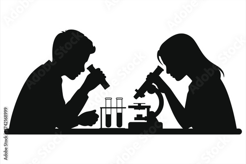 Students in Science Lab Silhouette – Conducting Experiments with Microscope & Test Tubes, STEM Education, Chemistry Class, Academic Research, Back-to-School Concept, Teen Scientists