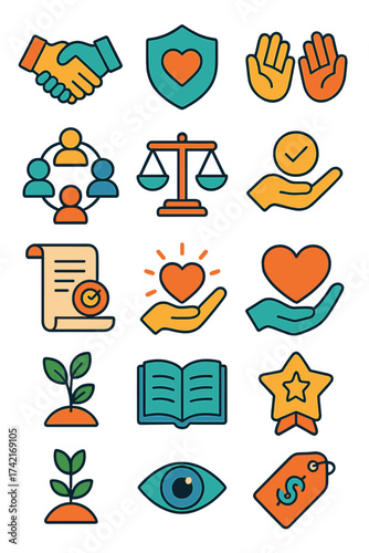 Core Values handshake trust, ethical shield, respect hands, verified check, teamwork circle, fairness scale, responsibility icon, diversity badge,