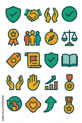 Ethical Conduct shield check, handshake trust, respect hands, verified icon, responsibility badge, diversity icon, ethical compass, fairness scale,