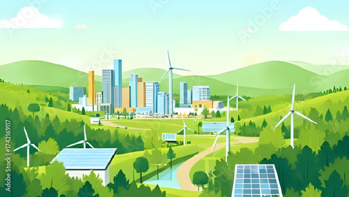 green city landscape with windmills