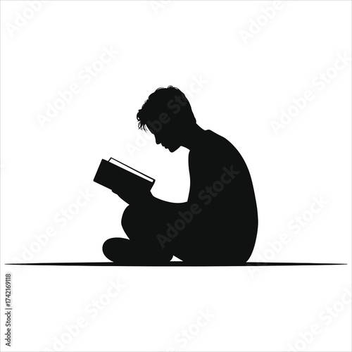 Silhouette of teenage student sitting cross-legged on floor reading book, studying for school or college exam, focus learning & education concept, isolated black vector illustration 